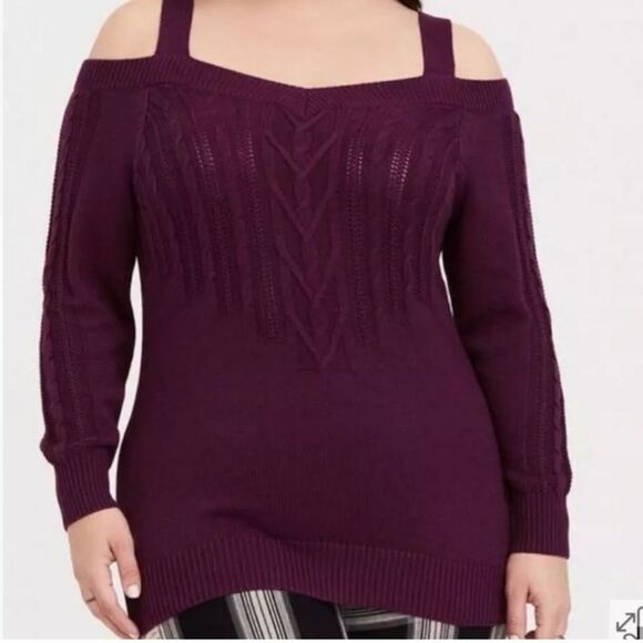 Torrid Burgundy Purple Cable Knit Open Shoulder Tunic Sweater - Picture 1 of 8